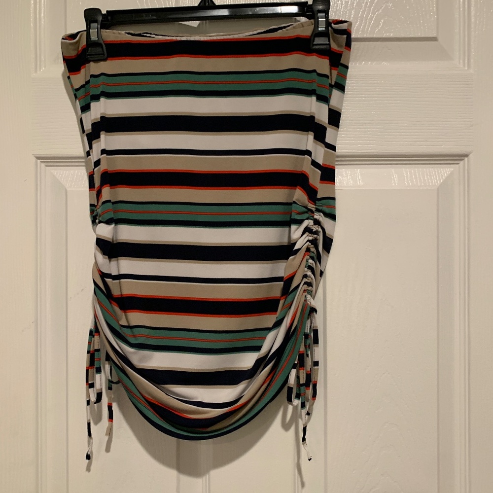Veronica M, multi-color strapless top with rouching on the sides